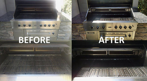 A grill cleaner with a before and after pic of a clean grill.